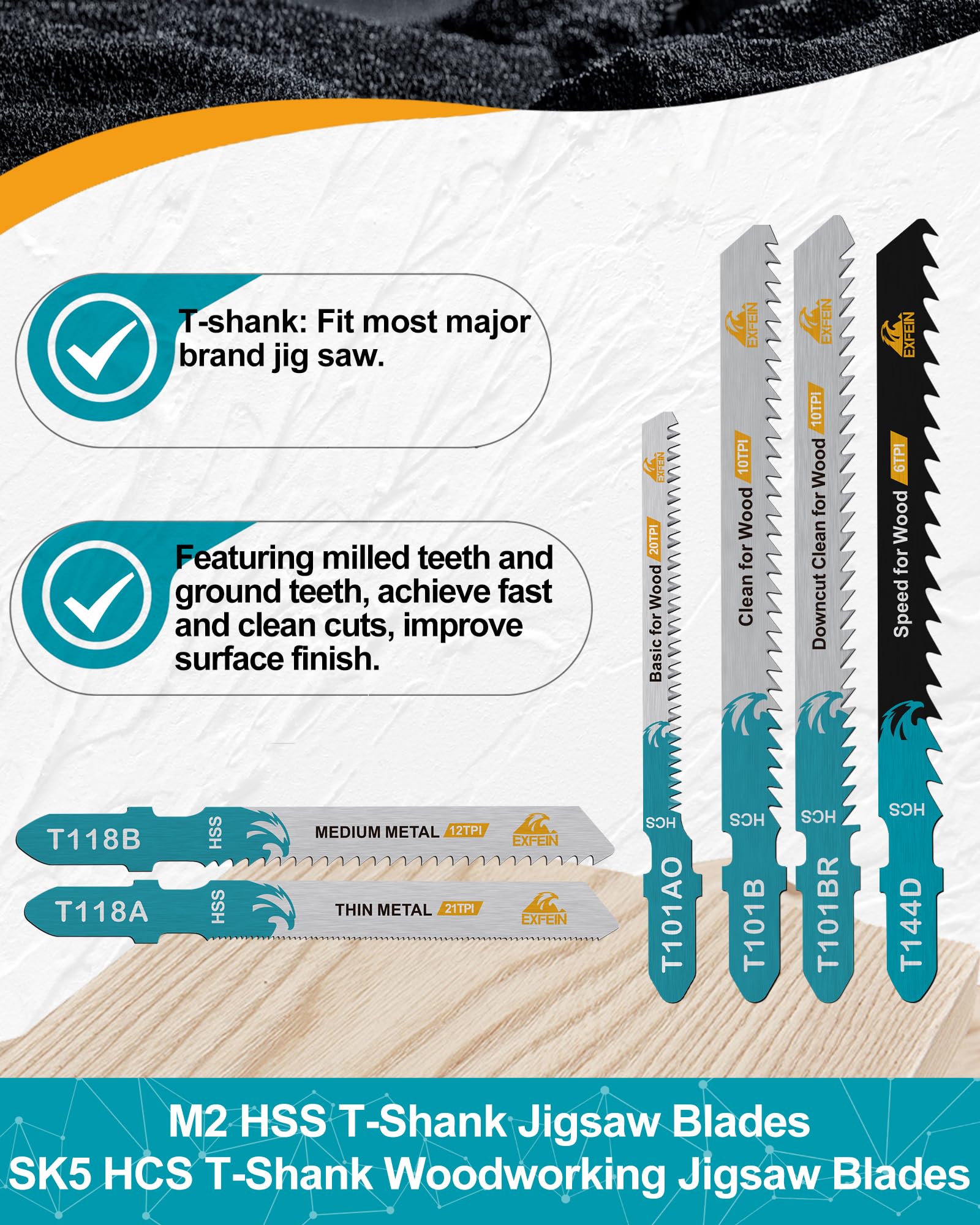 EXFEIN T101AO blade for curve and contour wood cutting with splinter-free results.