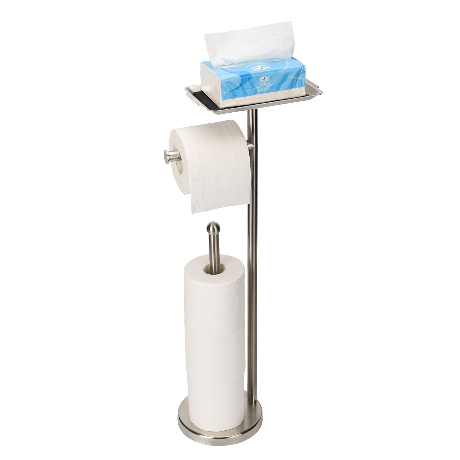 Exilon toilet paper holder base in brushed nickel provides stable freestanding use.