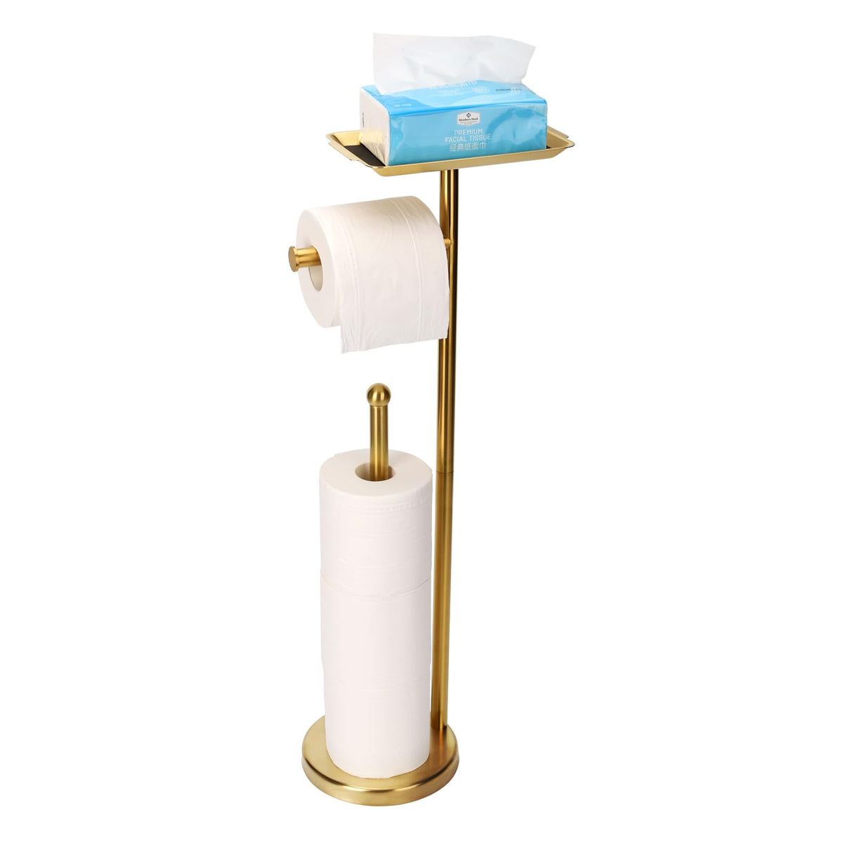 Exilon brushed gold freestanding toilet paper holder stand with base and four reserve rolls