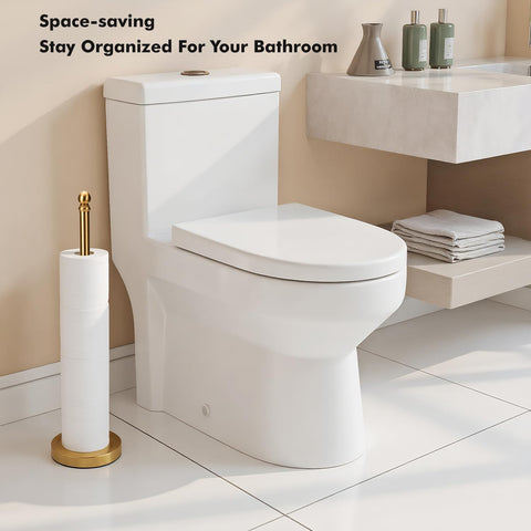 Exilon brushed gold stand stores up to five rolls for bathroom organization.