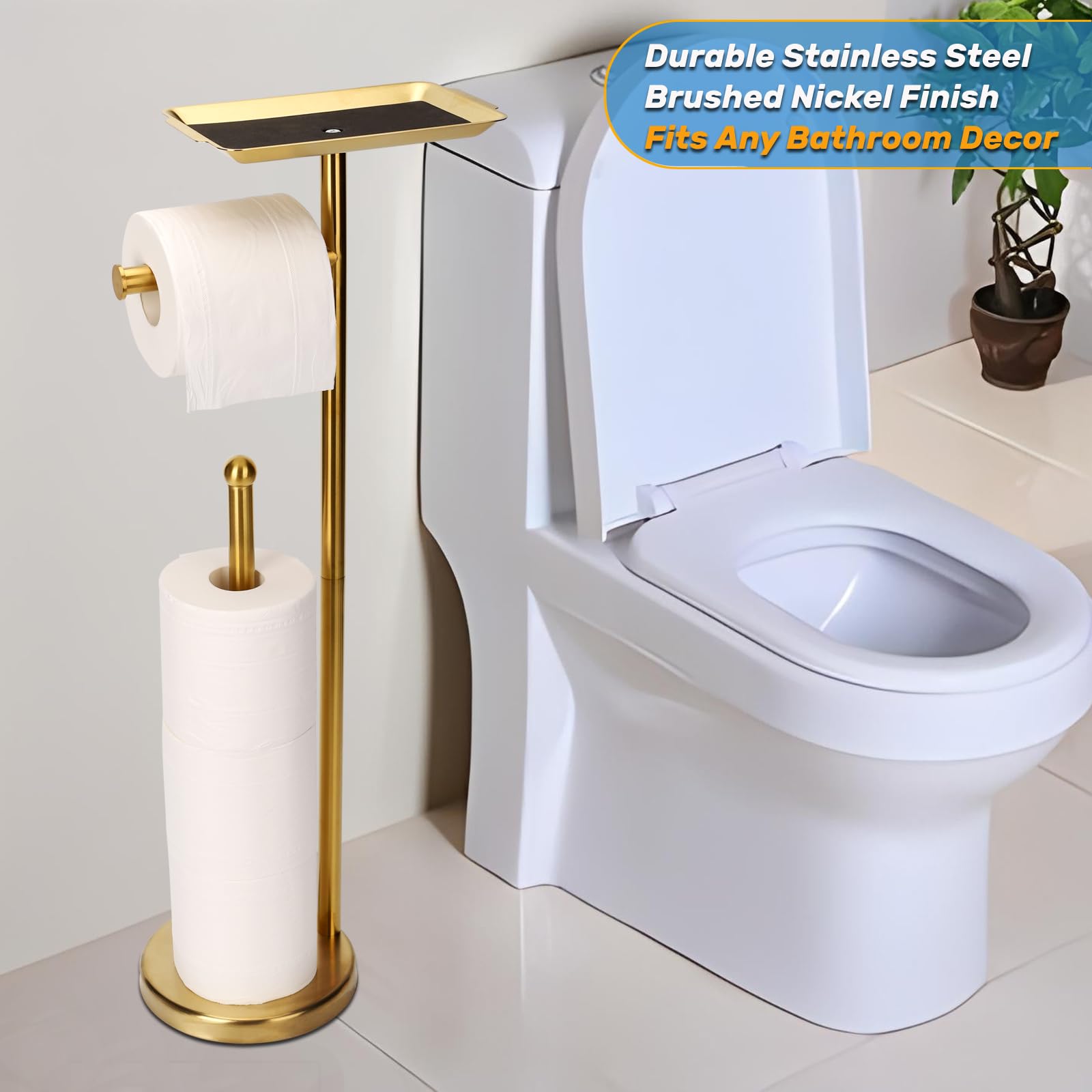 Exilon top tray on toilet paper stand holding phone and keys