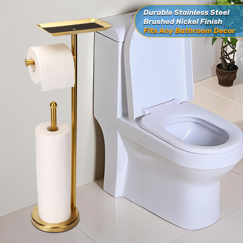 Exilon top tray on toilet paper stand holding phone and keys
