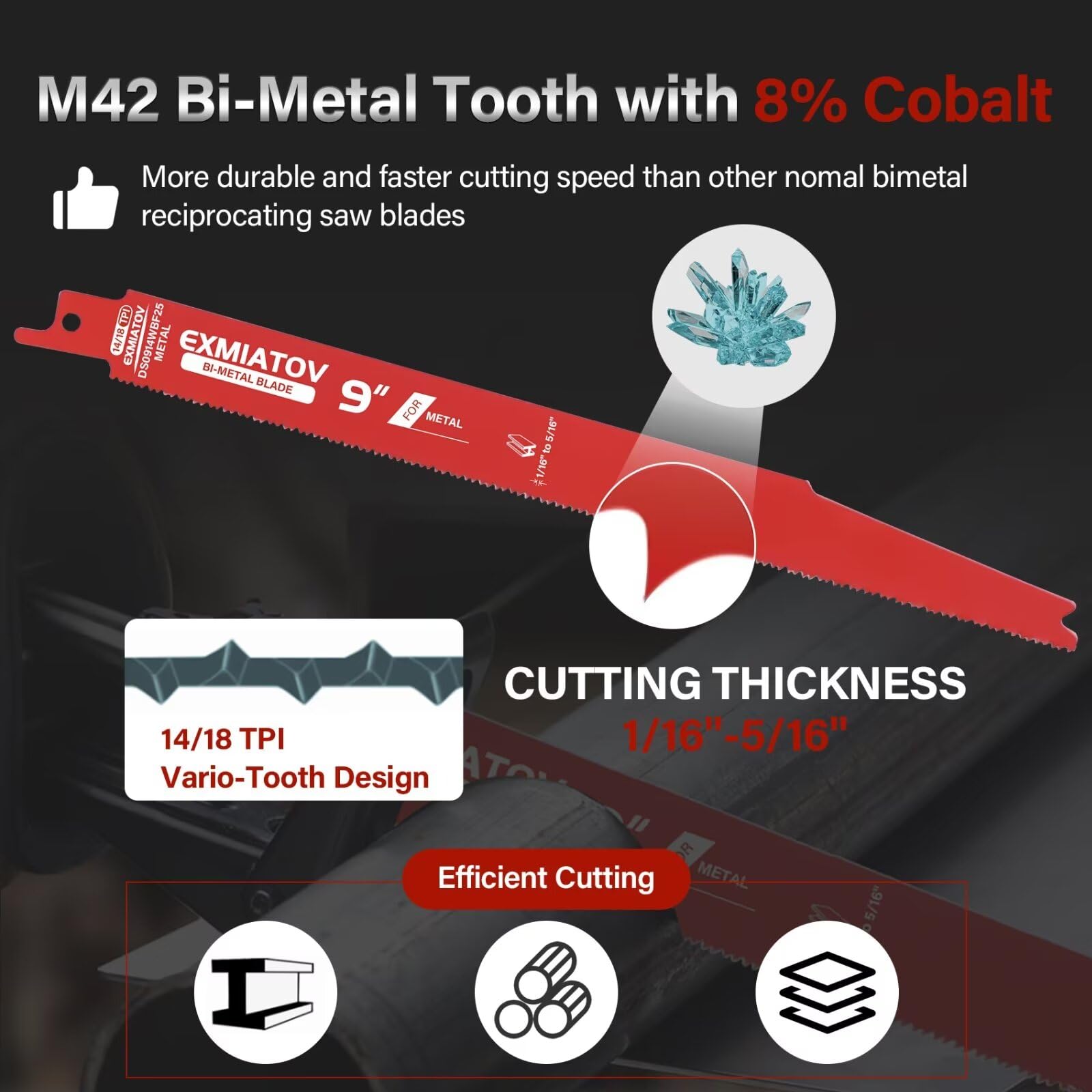 exmiatov bi-metal M42 teeth close-up showing durable construction.