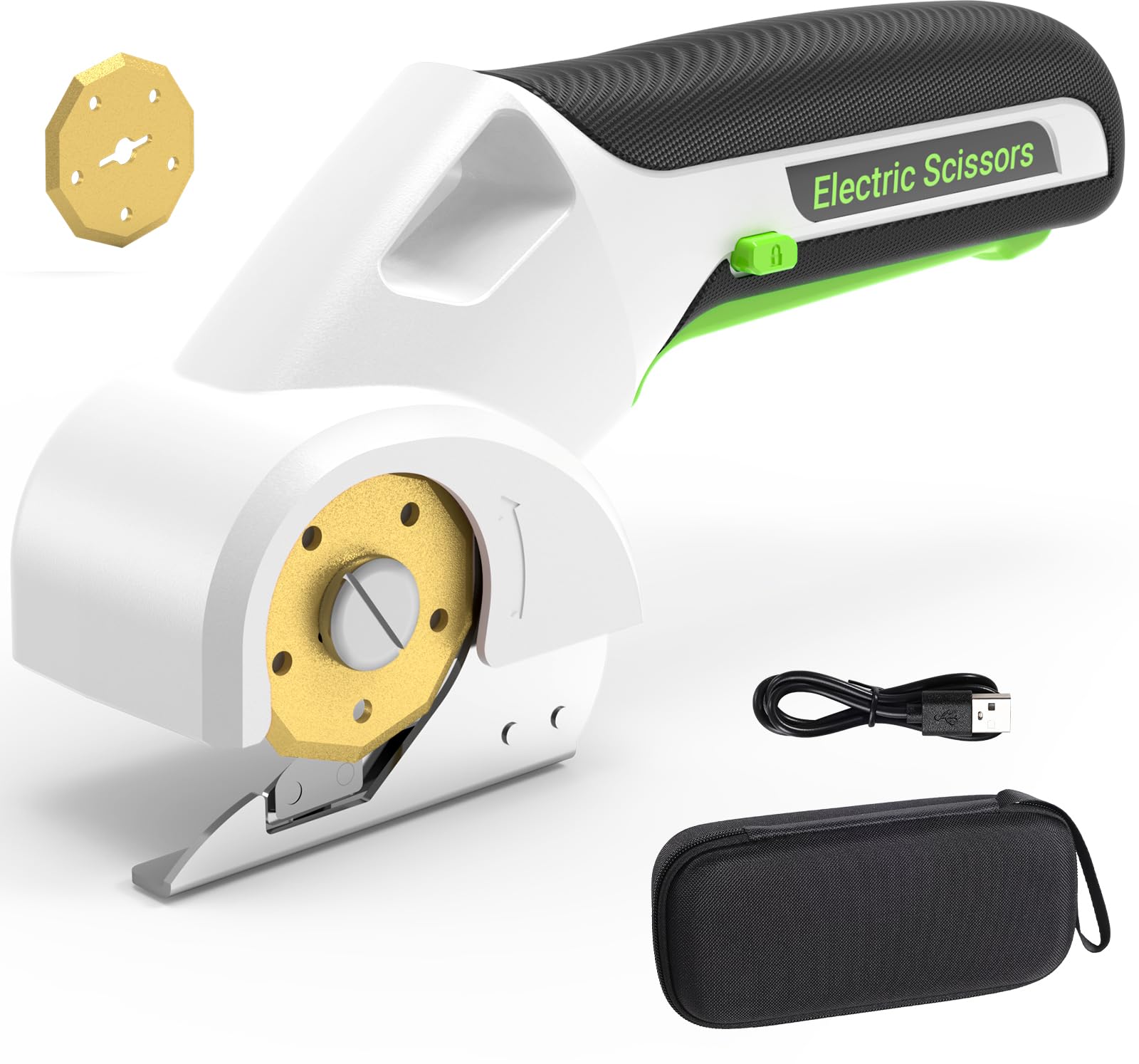 EXPEDMAN 4V cordless scissors close-up showing titanium blade for precise cardboard cuts and durable performance