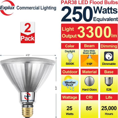 Explux 250W PAR38 LED bulb side view showing dimmable design.