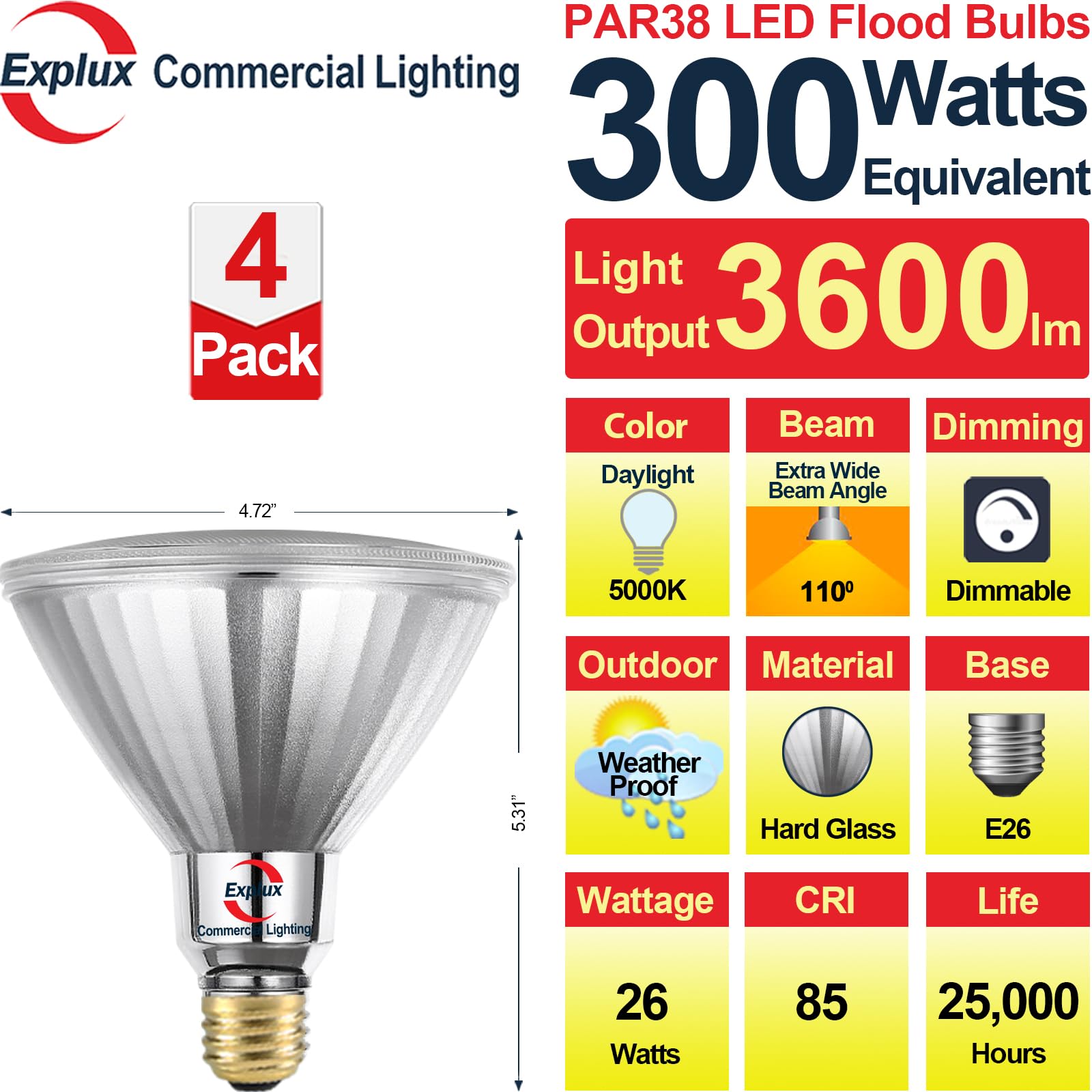 Explux PAR38 LED flood bulb with dimmable control for adjustable brightness