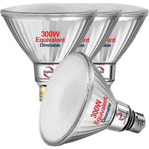 Explux PAR38 LED flood bulb front view shows 3600 lumens for bright outdoor lighting