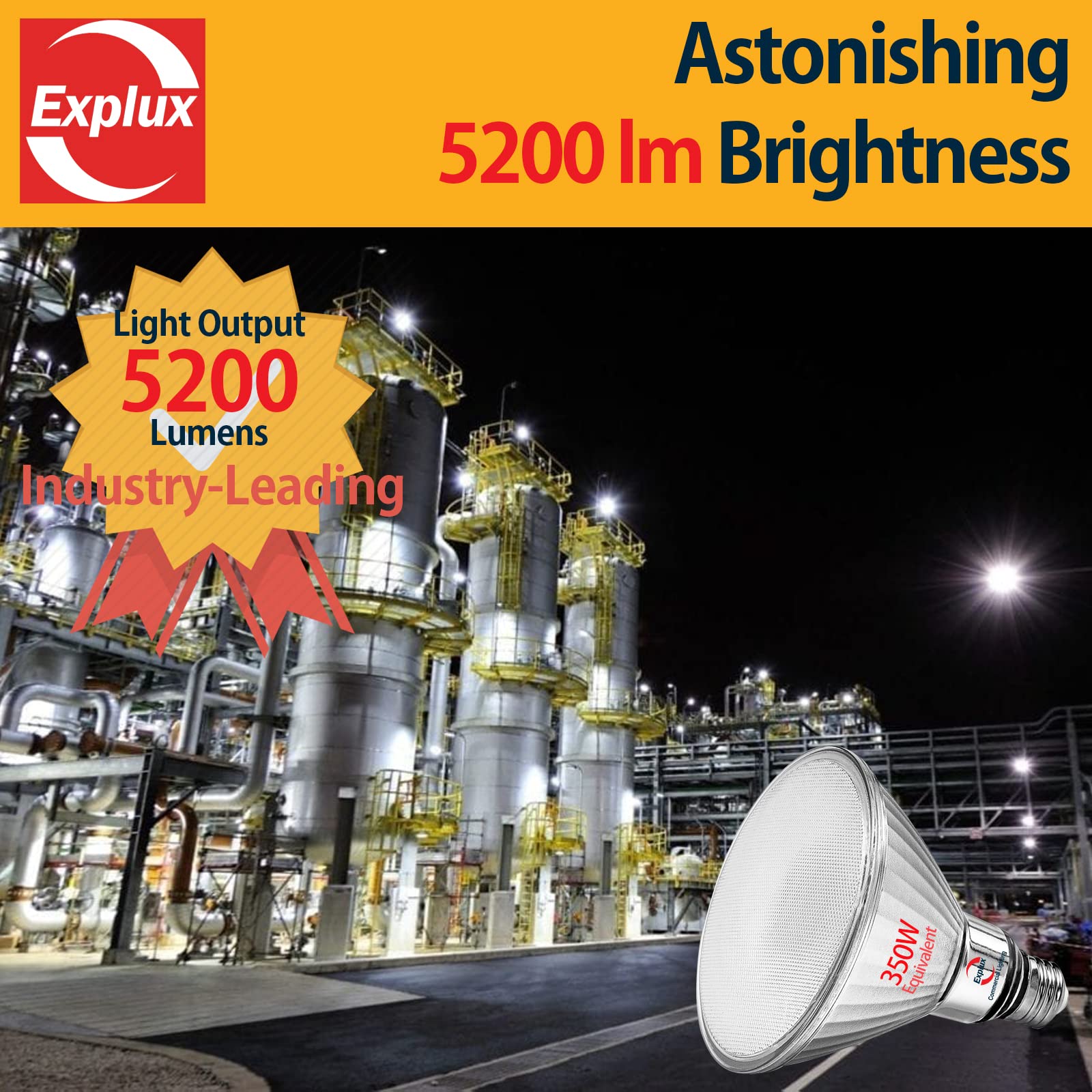 Explux PAR38 LED flood energy-efficient 32W for lower operating costs.