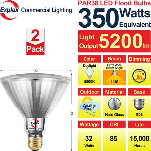 Explux PAR38 LED flood outdoor-waterproof-full-glass for long-lasting weather resistance.