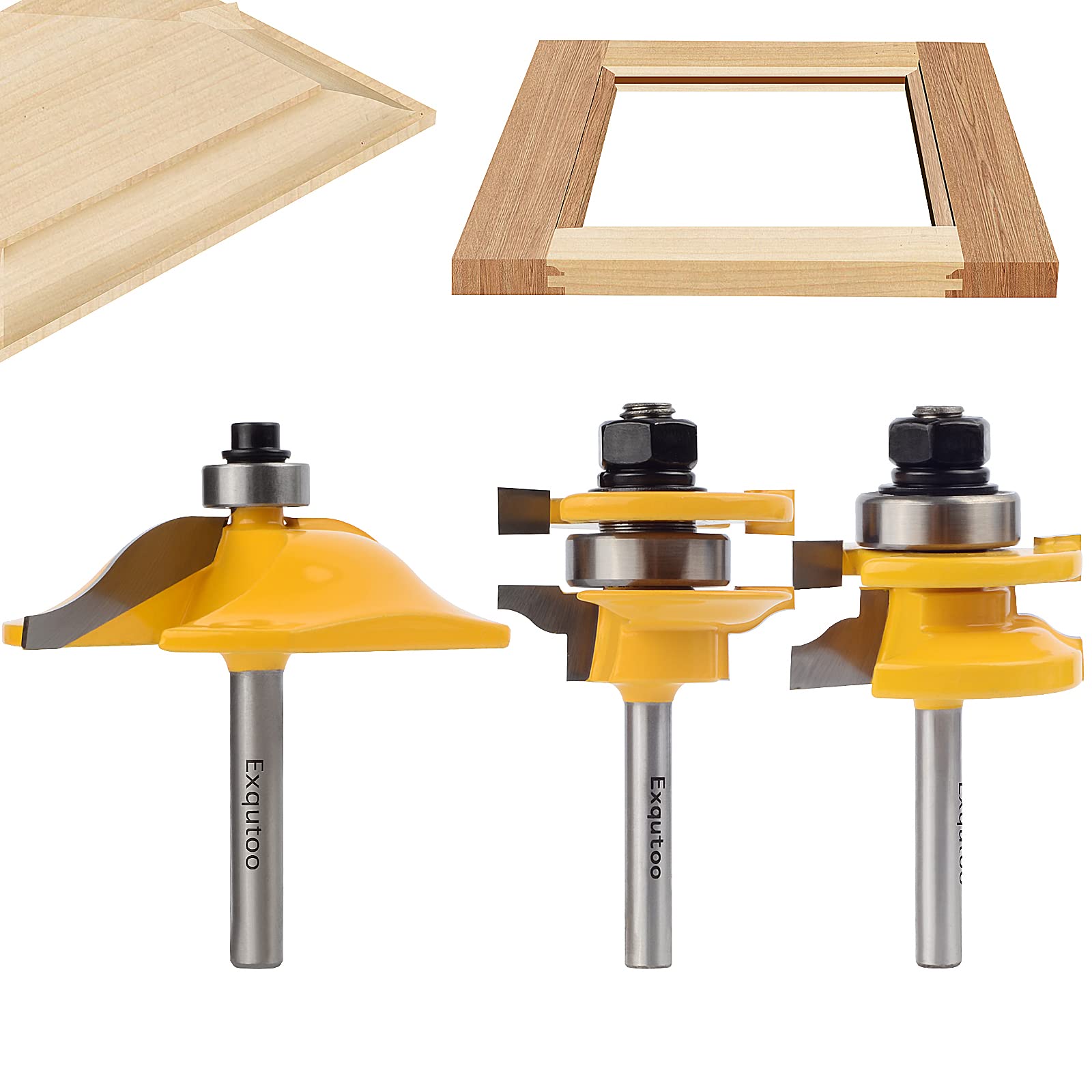 Exqutoo 3-piece router bit set with 1/4-inch shank for raised panel doors