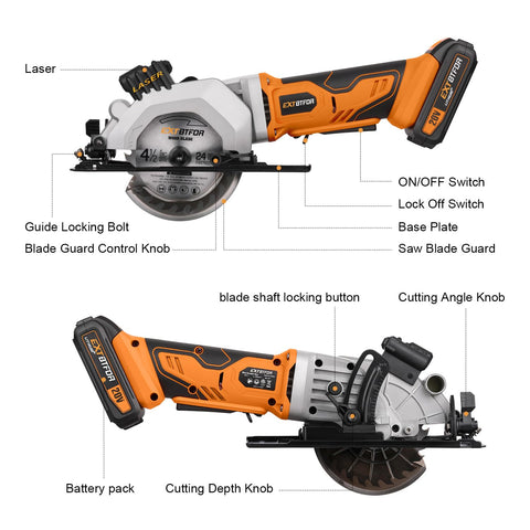 Extbtfor mini cordless saw with 2.0A battery ready for cordless projects.