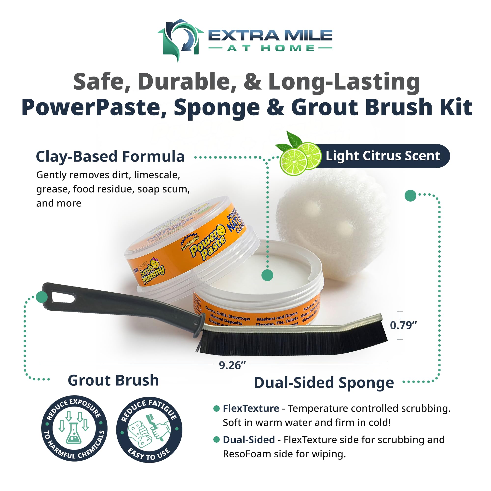 Extra Mile at Home Power Paste Bundle crevice brush reaching tight grout gaps.