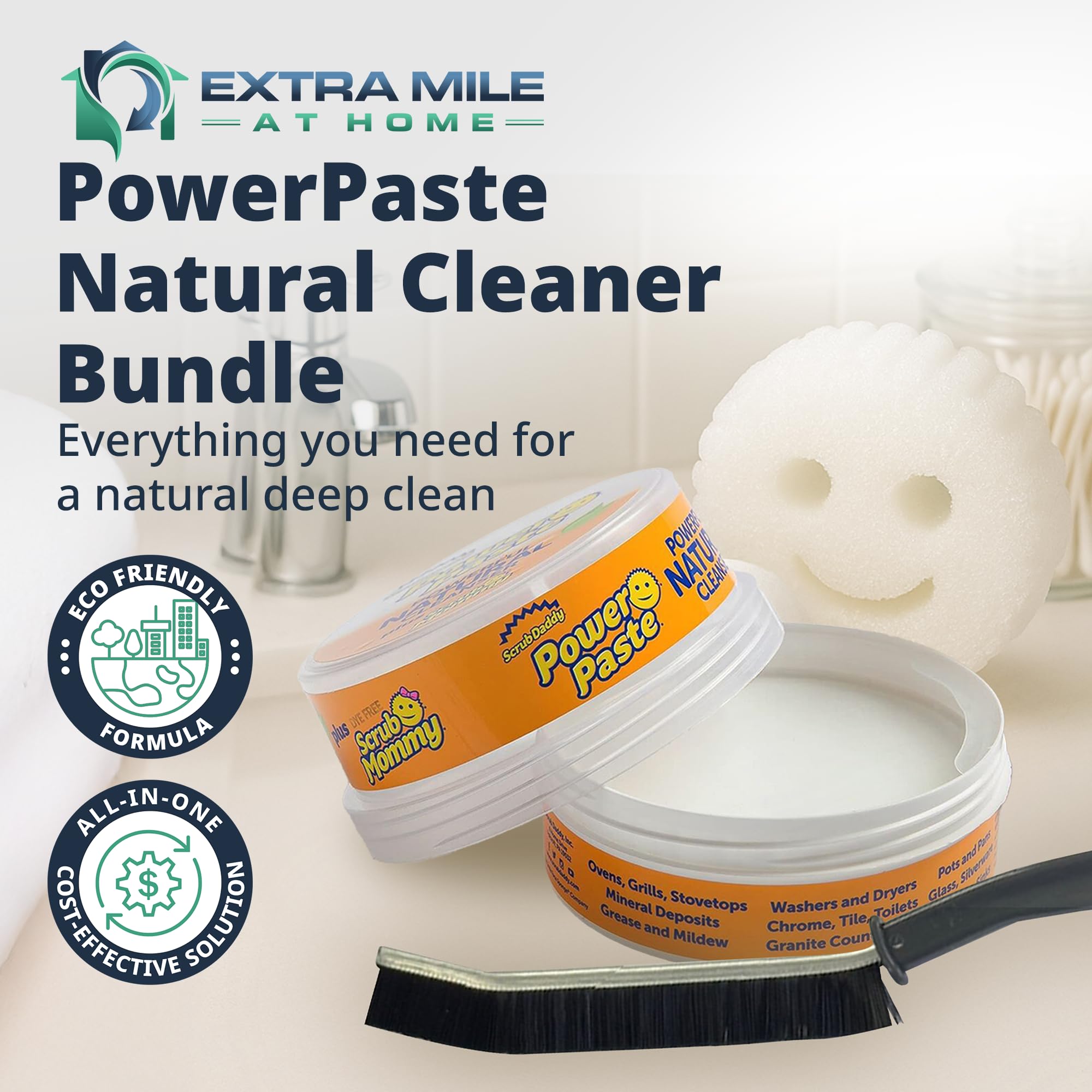 Extra Mile at Home Power Paste Bundle natural cleaning paste applied on tile for grime removal.