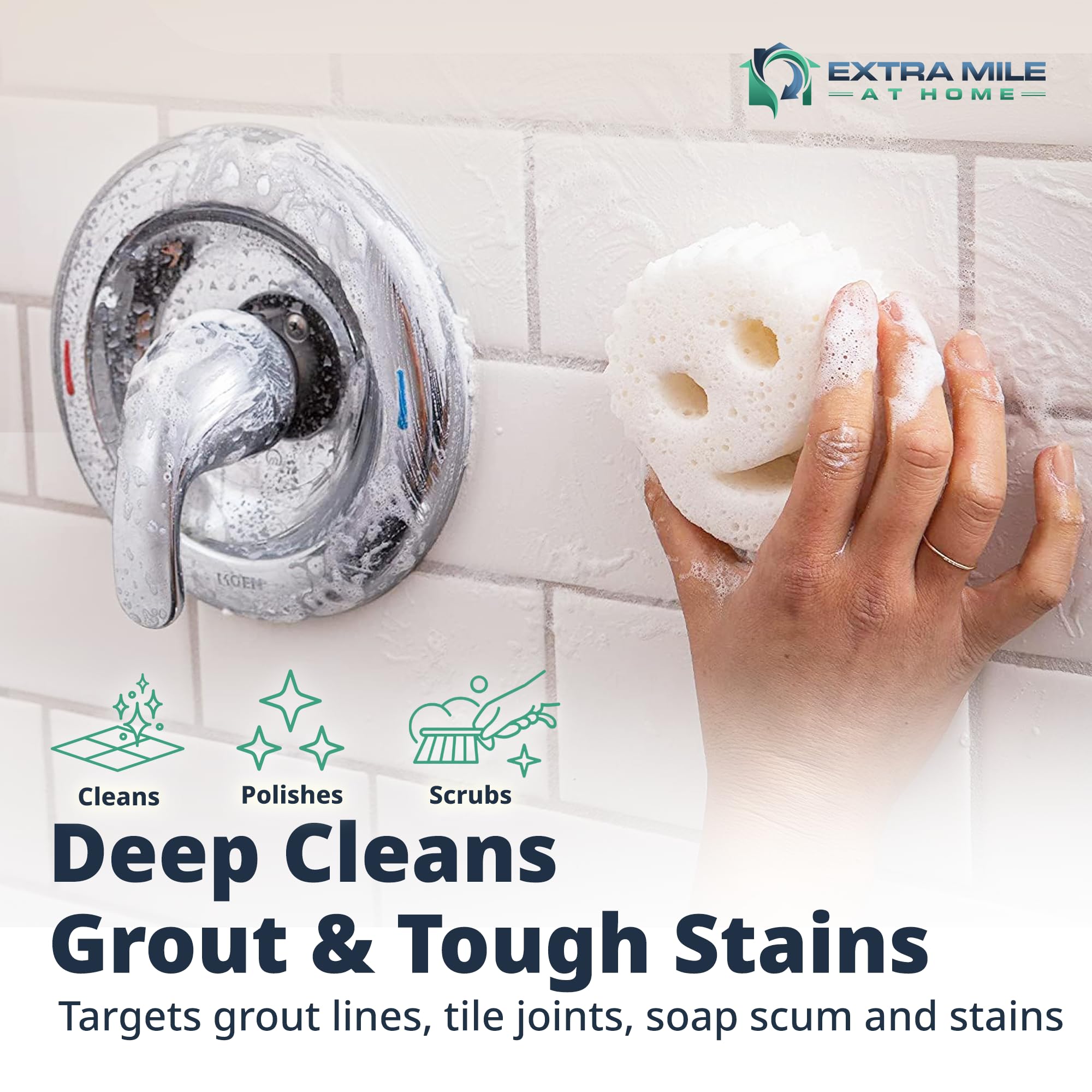 Extra Mile at Home Power Paste Bundle sponge used for gentle bathroom scrubbing.