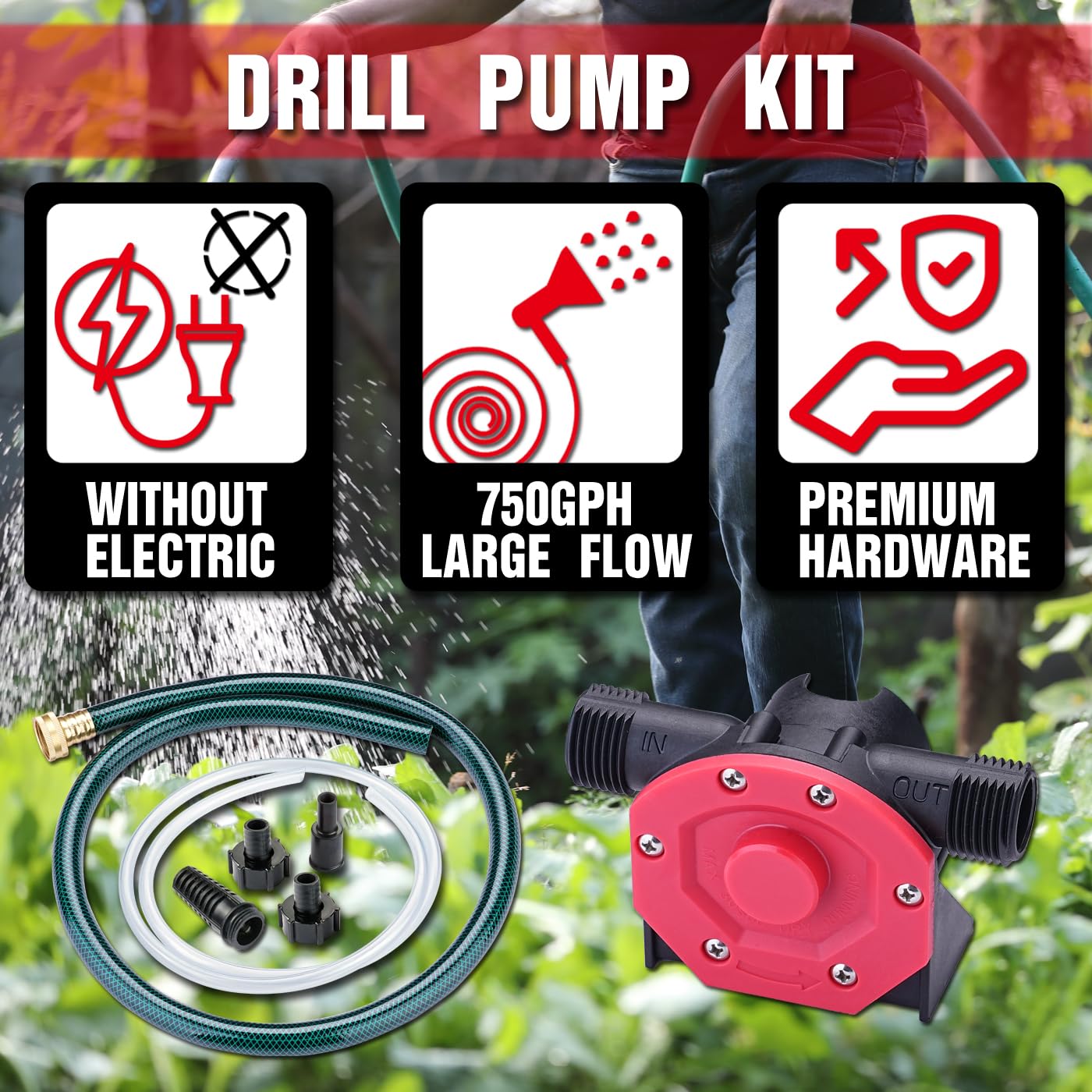EXTRAUP drill pump in action transfers water efficiently from bucket to container