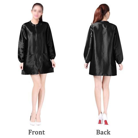 Exttlliy salon smock fabric detail shows breathable polyester and anti-static.