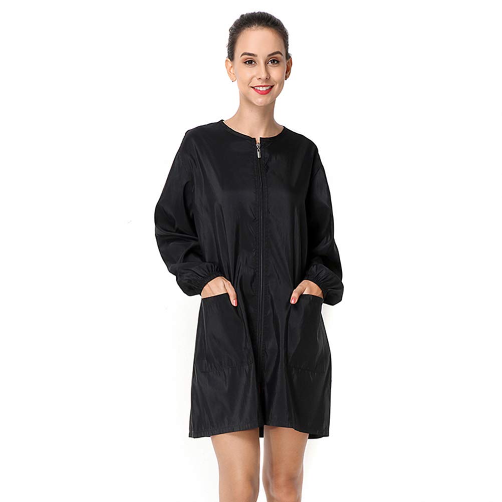 Exttlliy salon smock front view shows sleek black professional look.