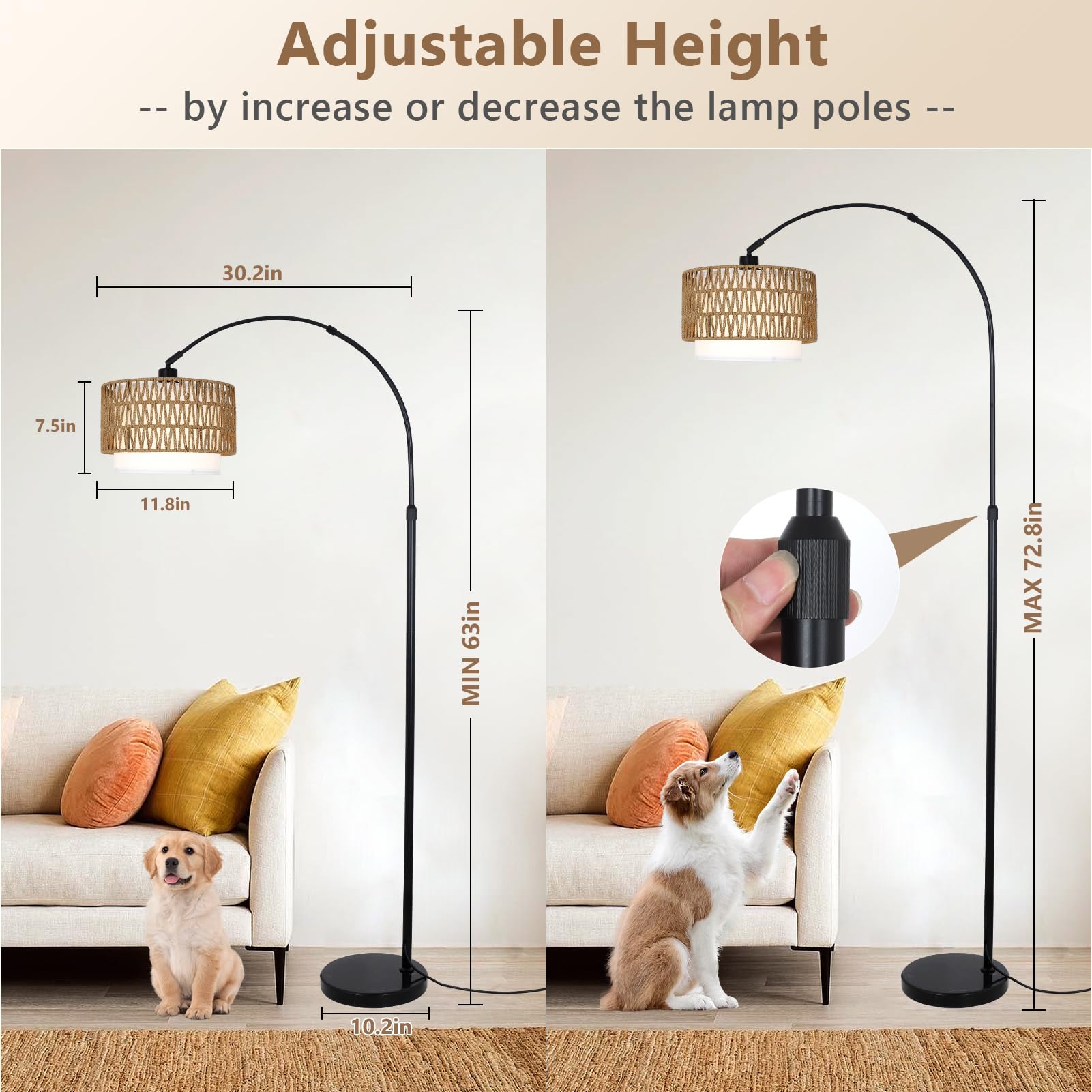 eyassi Arc Floor Lamp triple-color temperature focus, offering warm to cool light for different moods.