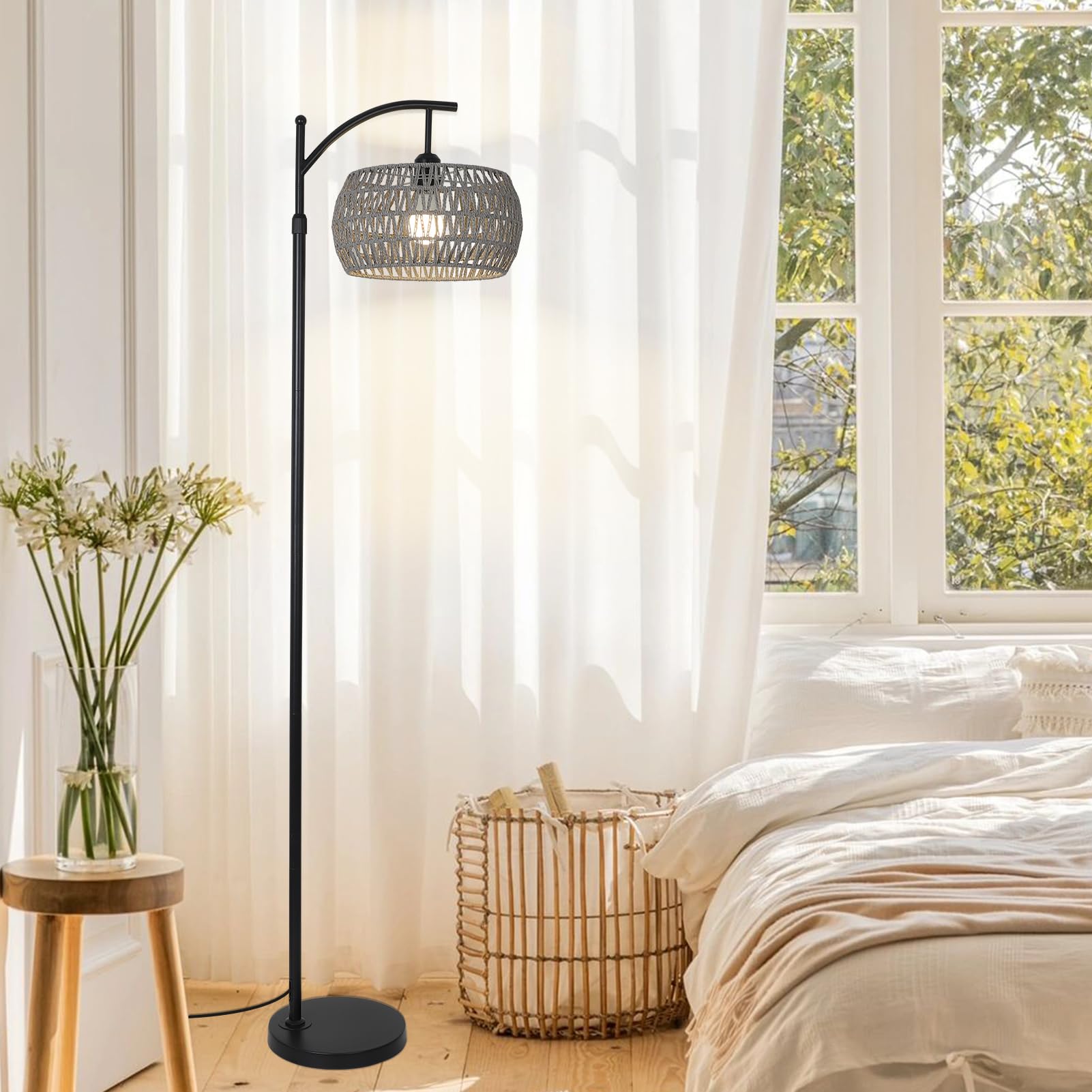 Eyassi Arc lamp placed in a corner enhances living room ambiance