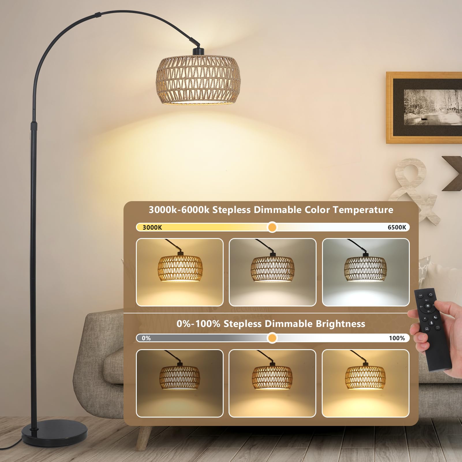 eyassi Arc floor lamp height adjustable base beside sofa