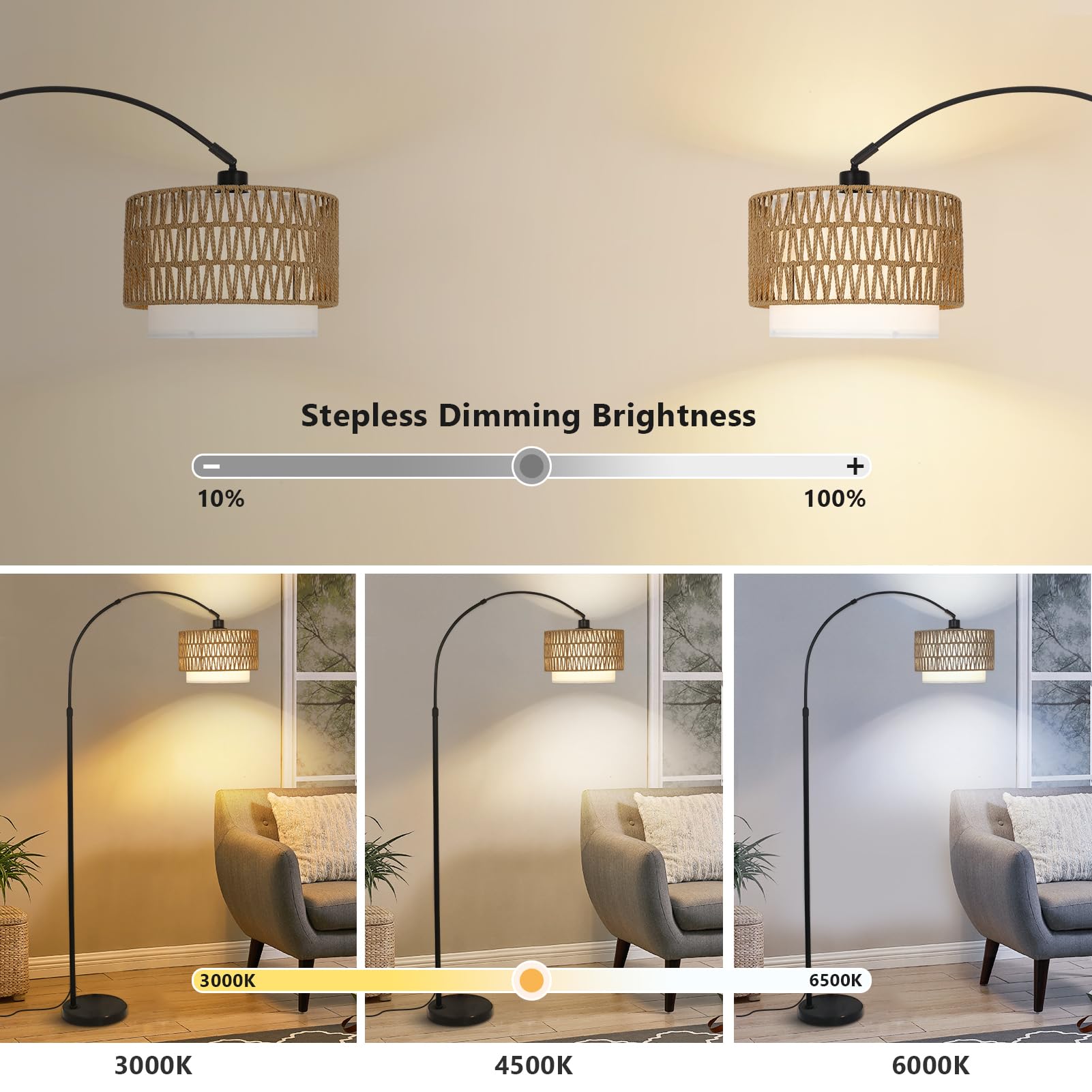 eyassi Arc Floor Lamp height-adjustable design adapts to seating areas and task lighting.