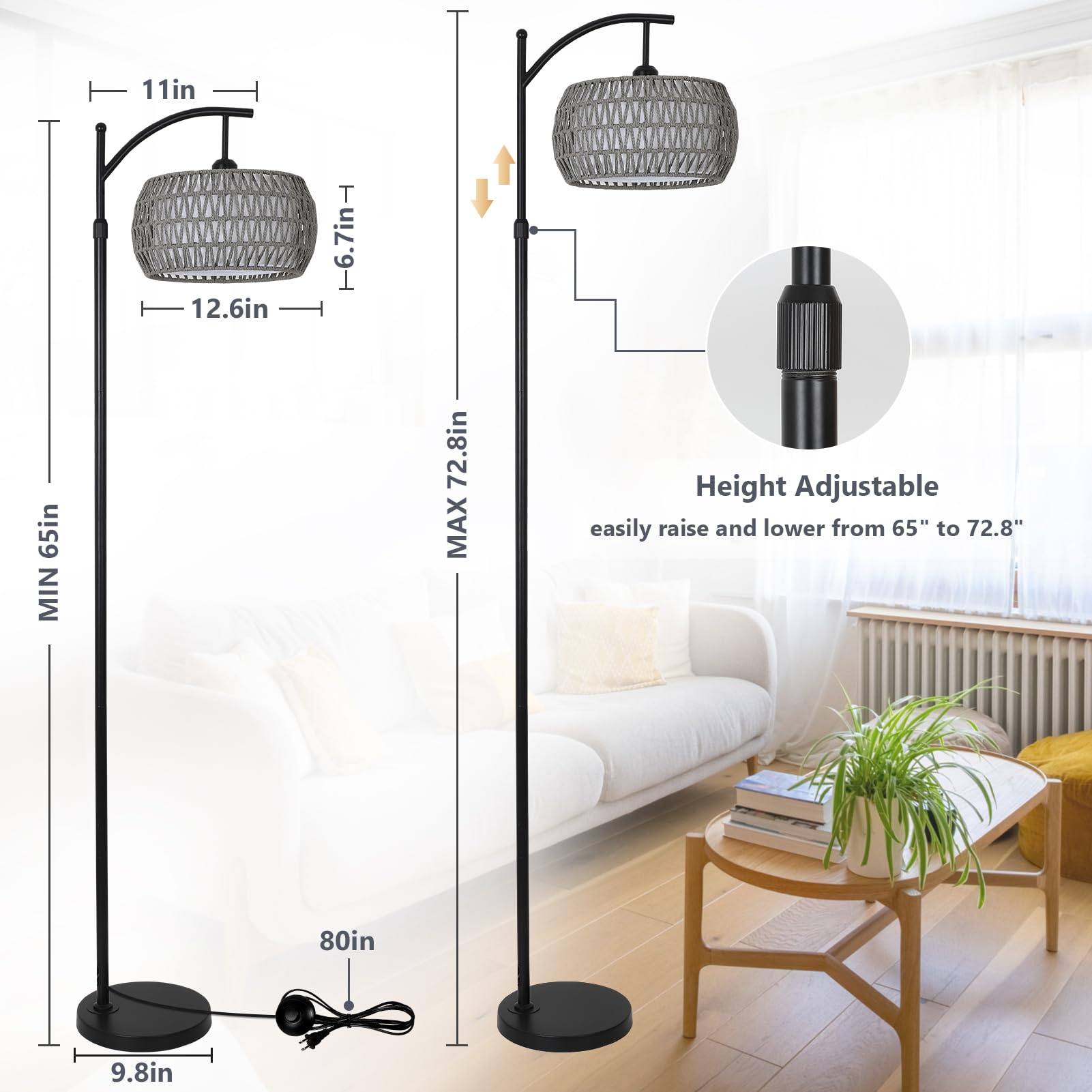 Eyassi Arc lamp height adjustment to fit bed or sofa height