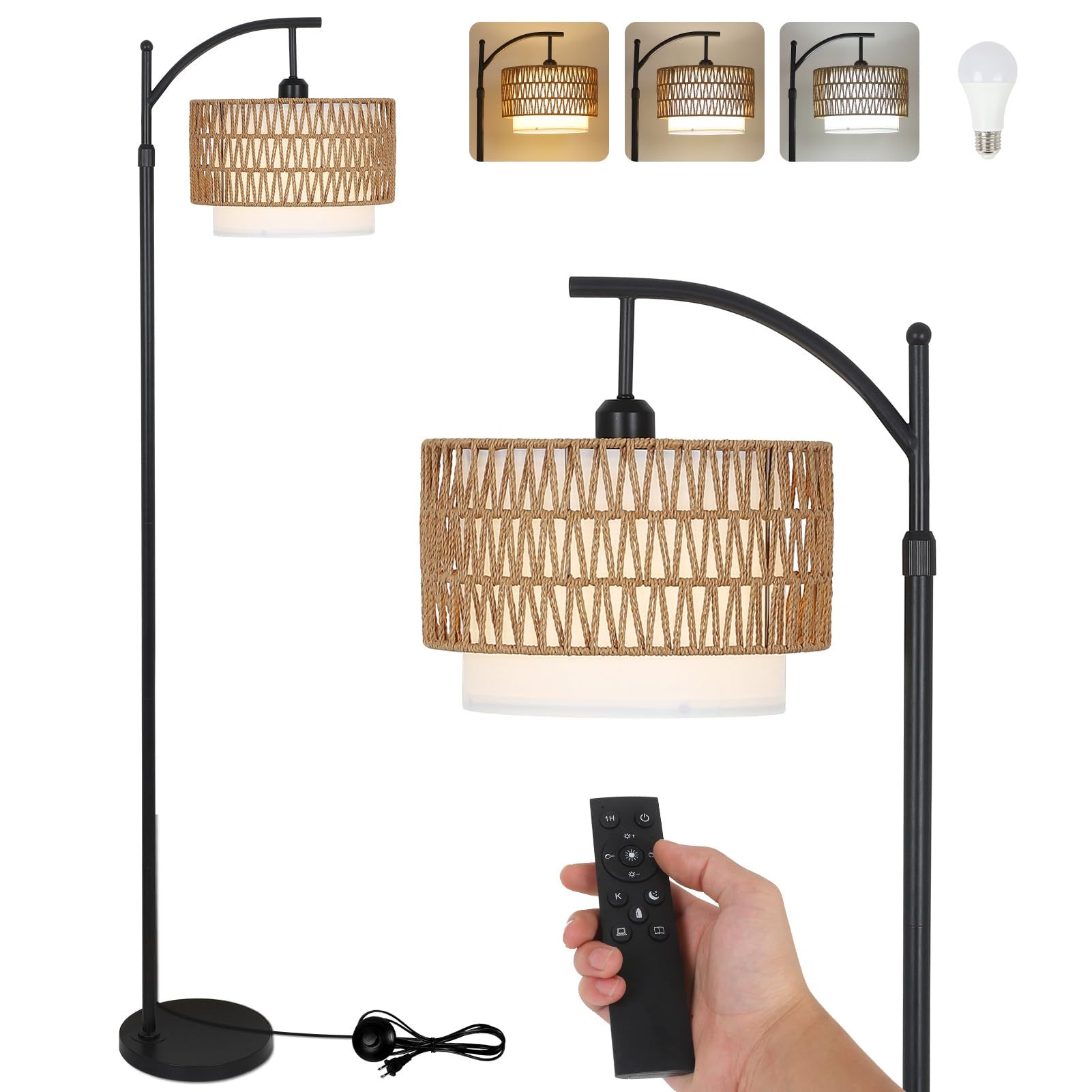 Eyassi Arc floor lamp in living room with remote for ambient lighting