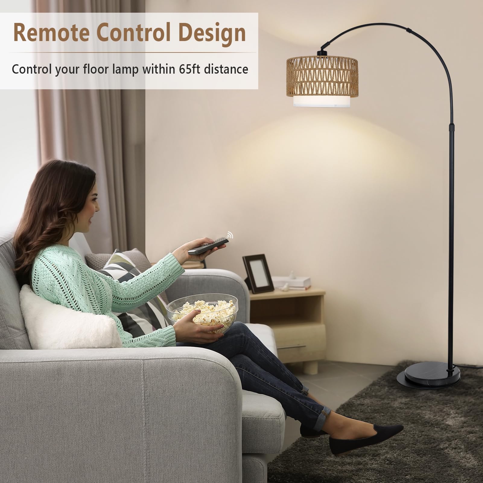 eyassi Arc Floor Lamp rattan shade highlight texture, adding warmth to living rooms or bedrooms.