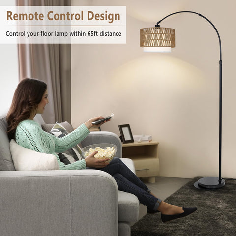 eyassi Arc Floor Lamp rattan shade highlight texture, adding warmth to living rooms or bedrooms.