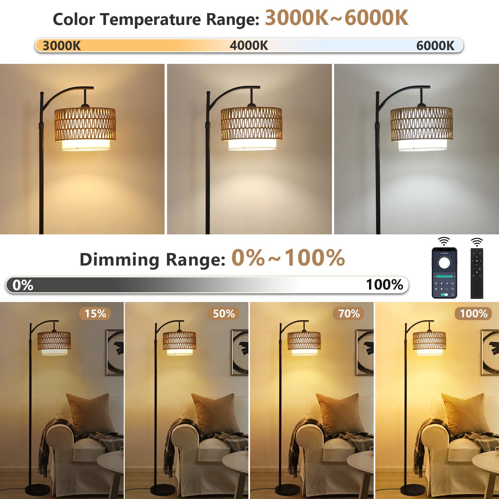 Eyassi Arc lamp with rattan shade adds natural texture