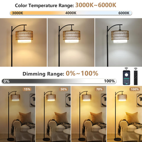 Eyassi Arc lamp with rattan shade adds natural texture