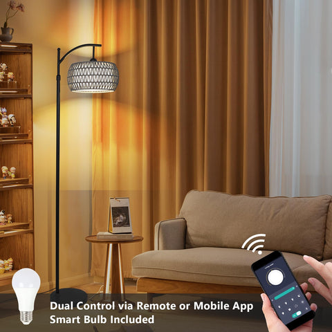 Eyassi Arc lamp featuring rattan weave for a warm natural look