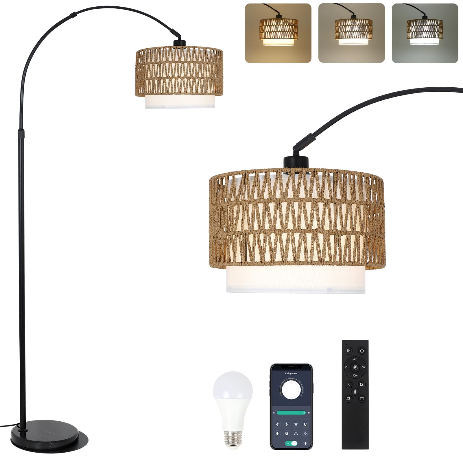eyassi Arc Floor Lamp with remote-control for adjustable brightness and color, ideal for living rooms.