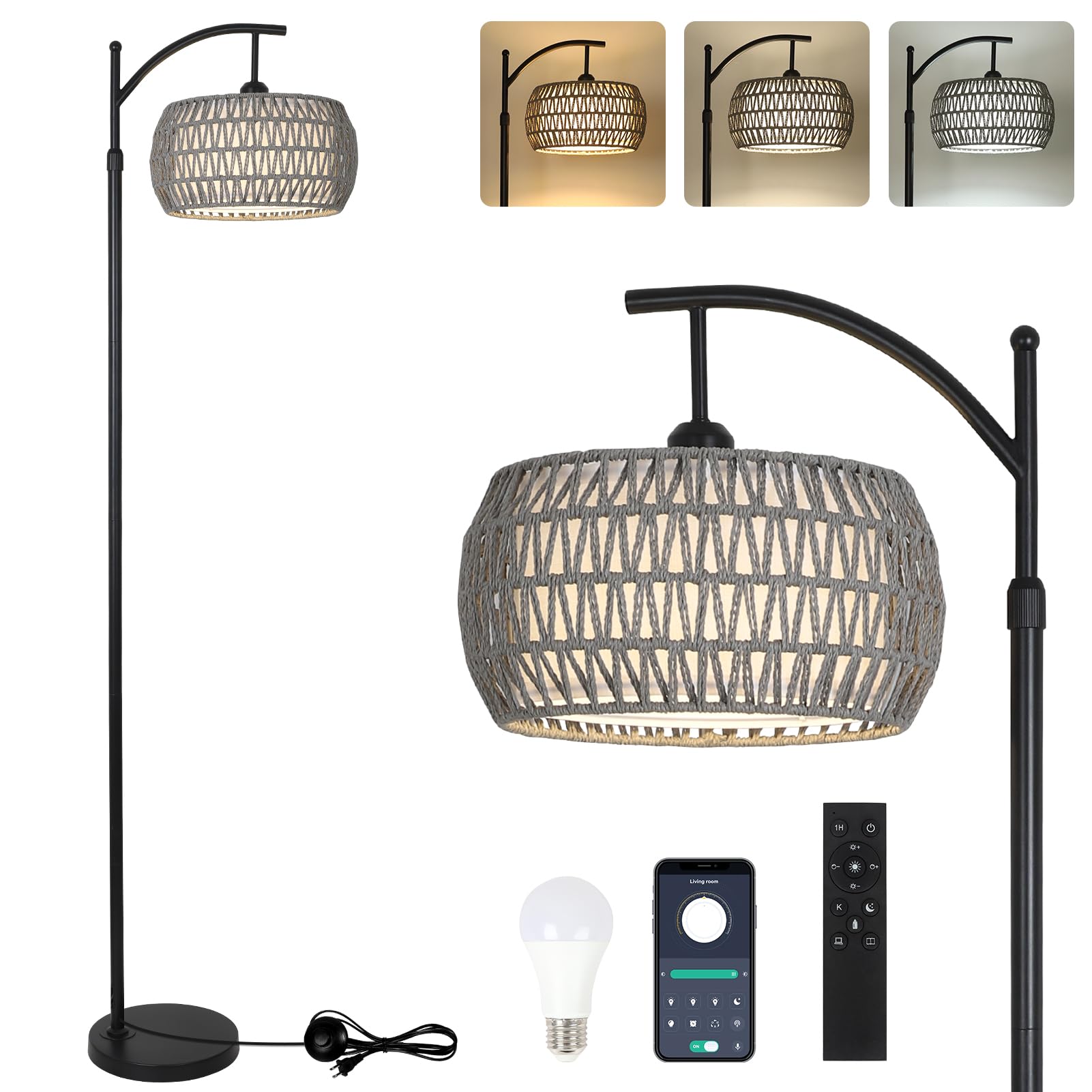 Eyassi Arc floor lamp with remote control for easy lighting adjustments in a living room