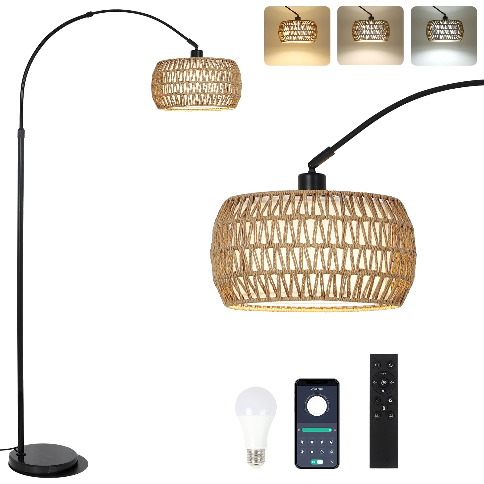 eyassi Arc floor lamp remote dimmable for living room ambiance
