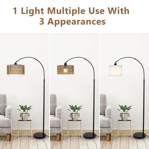 eyassi Arc Floor Lamp beige fabric shade softens light for cozy evenings.