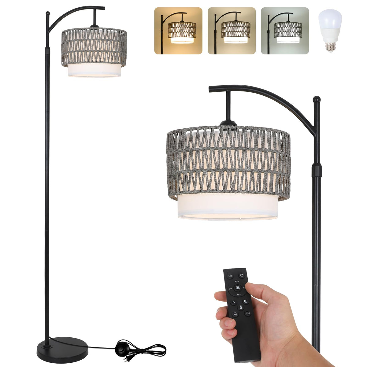 Eyassi arc lamp with remote control provides adjustable brightness for task lighting in any room.