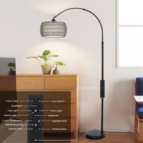 Eyassi Arc lamp with a 9W LED dimmable bulb for energy efficiency.