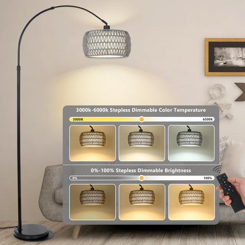 Eyassi Arc lamp showing rattan shades for warm diffusion of light.