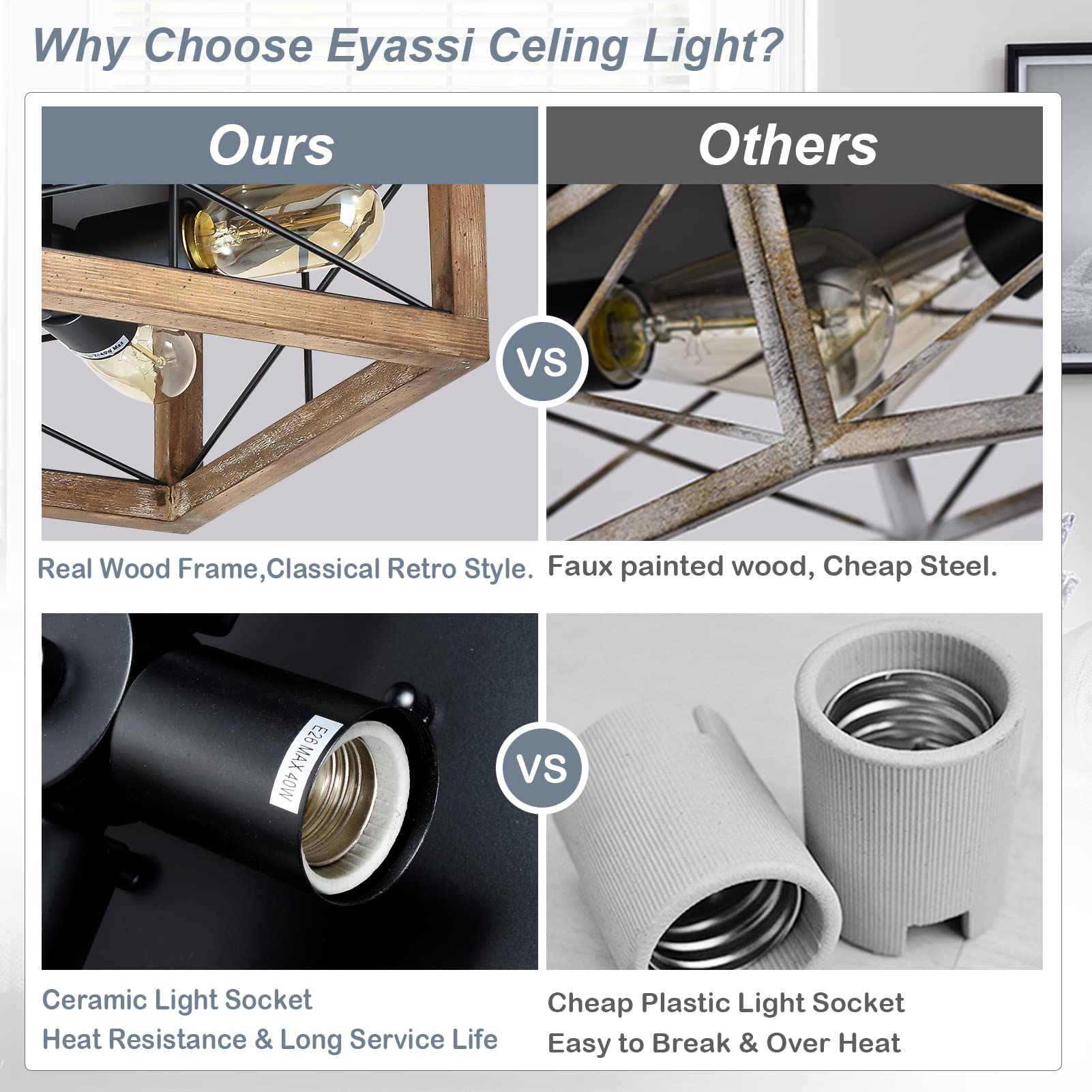 Eyassi close-to-ceiling light with ceramic socket delivers safe, durable overhead illumination.