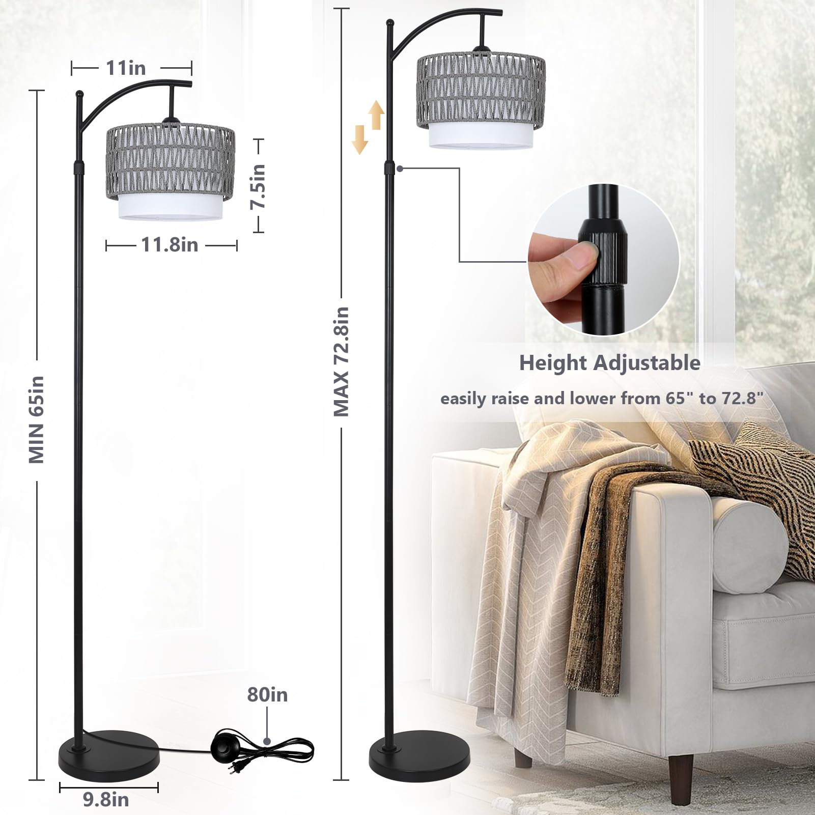 Eyassi floor lamp with fabric shade delivers soft illumination for reading nooks.