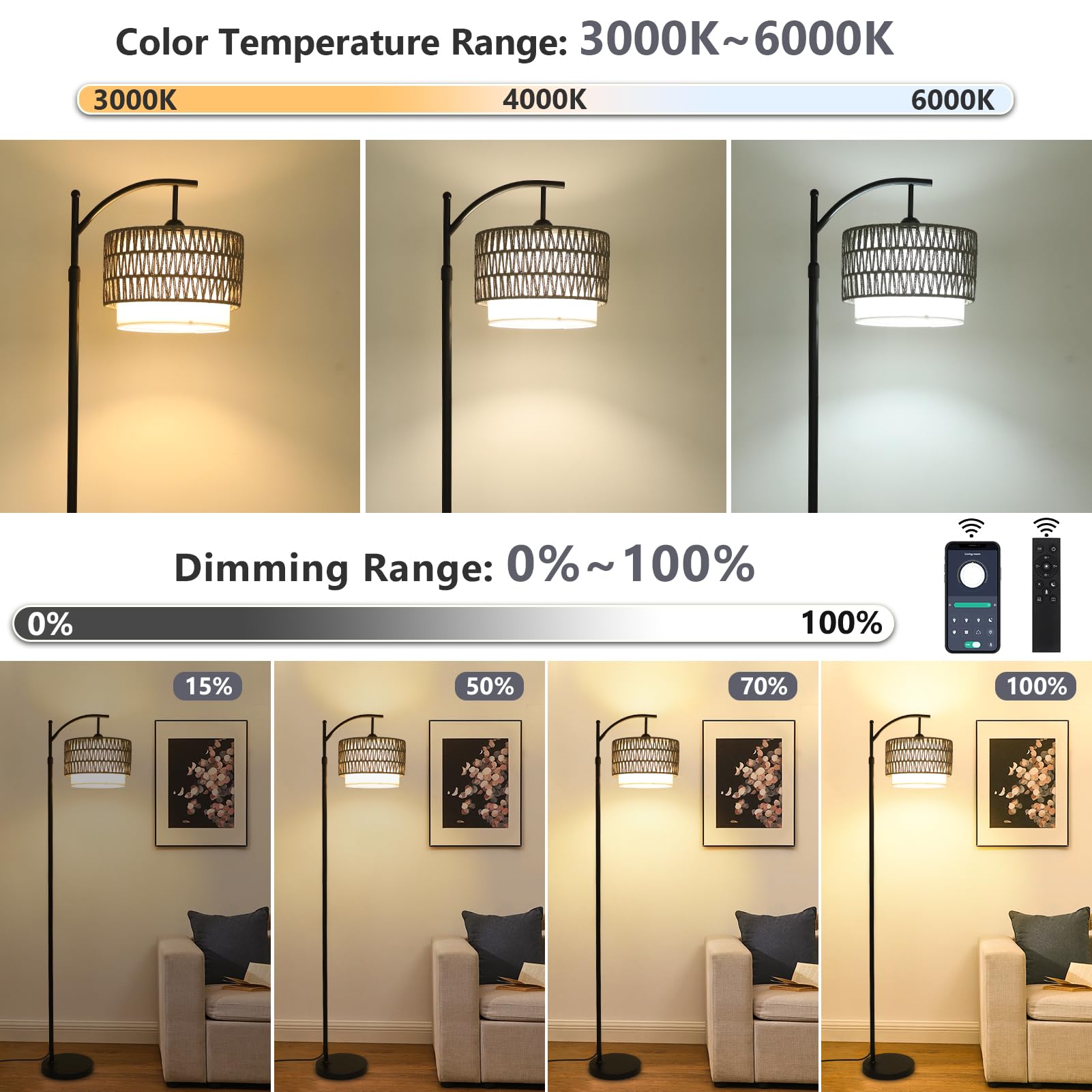 Eyassi floor lamp with rattan shade adds warm texture to living rooms and bedrooms.