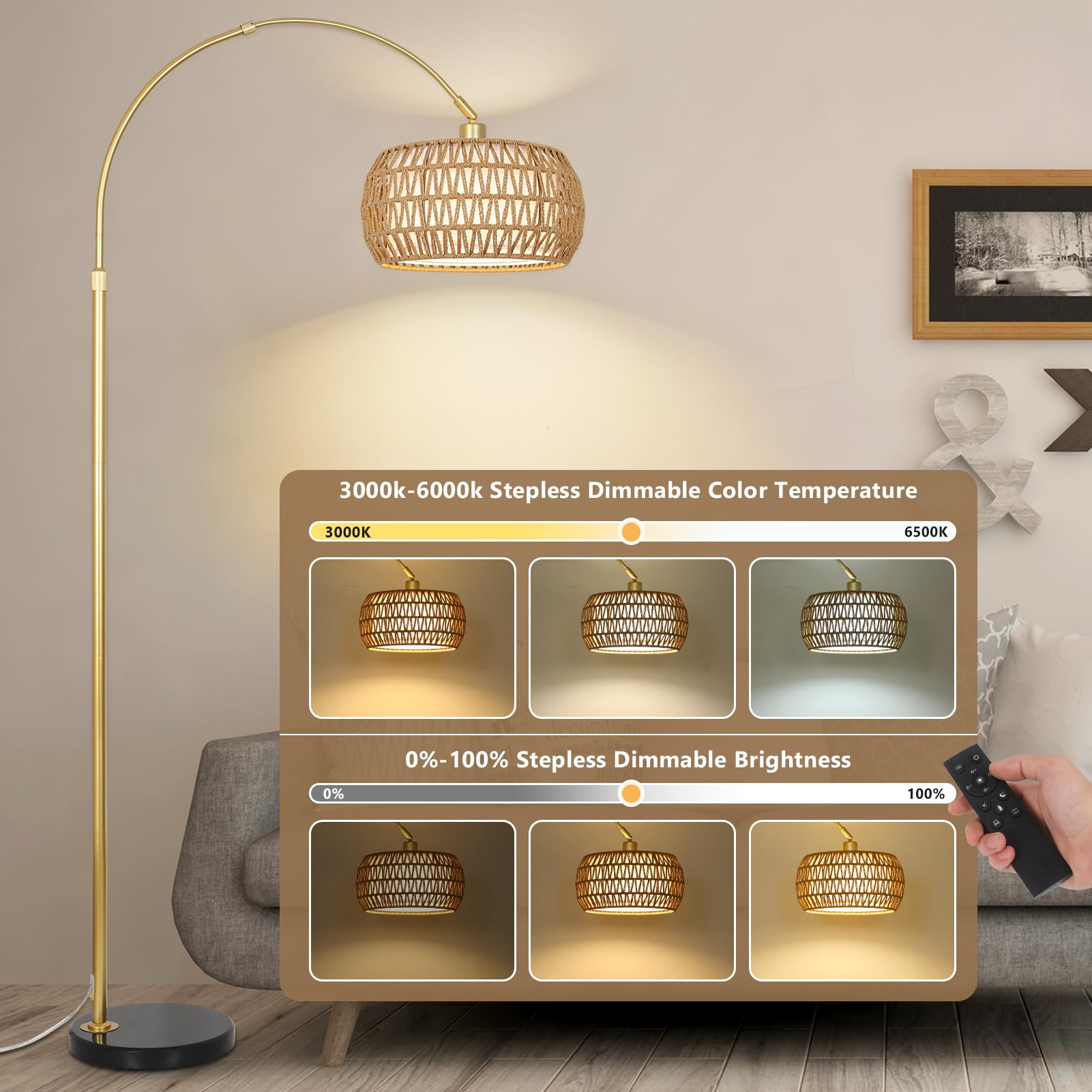 Eyassi Gold Arc Floor Lamp dimmable bulb showcases customizable brightness for reading