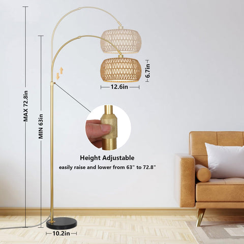 Eyassi Gold Arc Floor Lamp height adjustable base adapts to sofa height