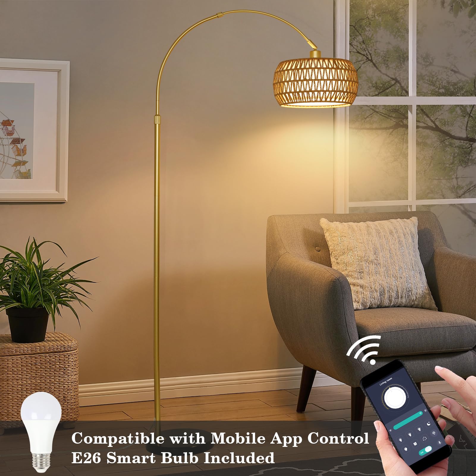 Eyassi Gold Arc Floor Lamp rattan shade adds boho charm to any room