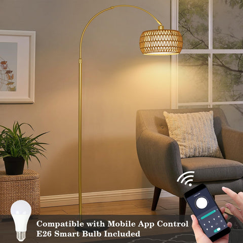 Eyassi Gold Arc Floor Lamp rattan shade adds boho charm to any room