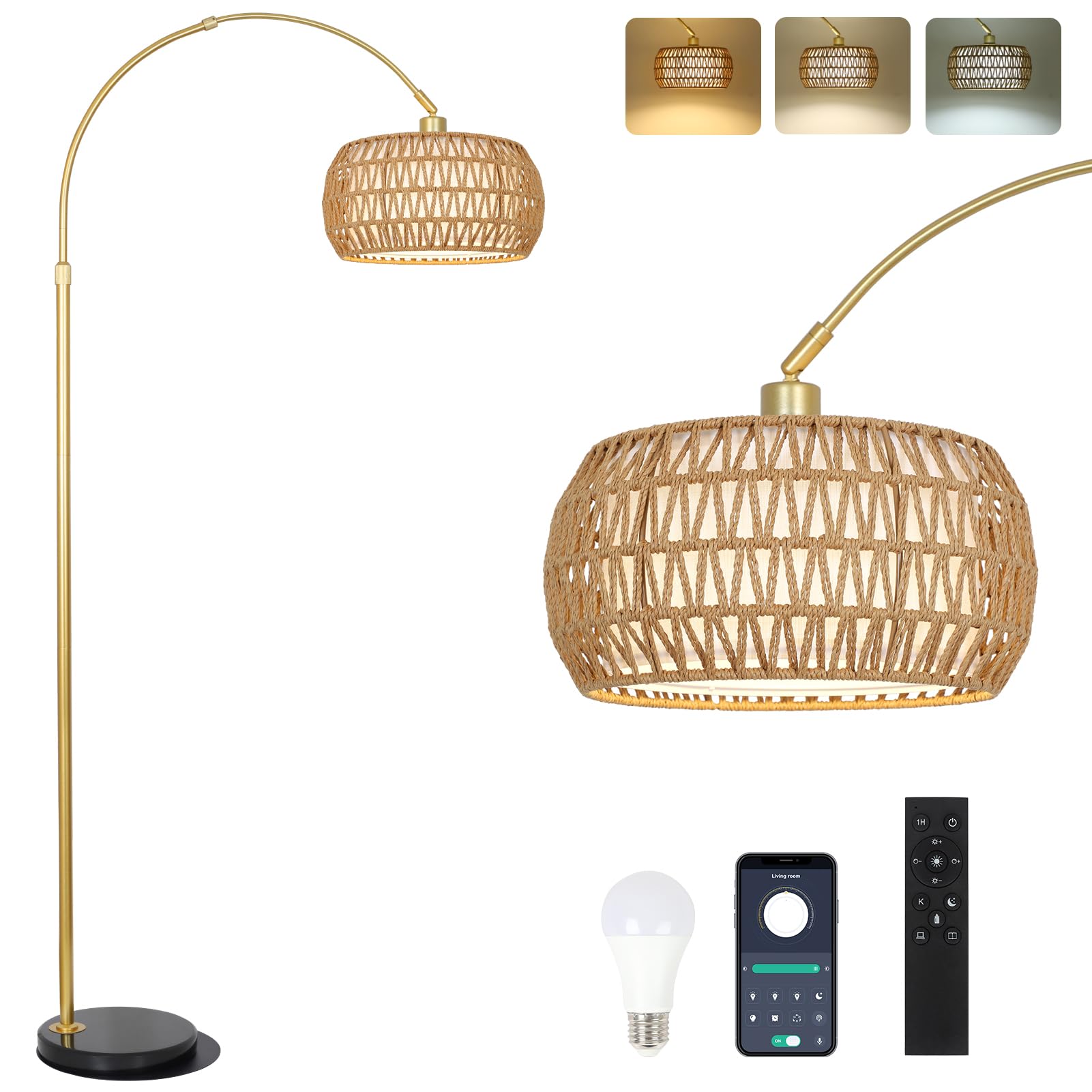 Eyassi Gold Arc Floor Lamp remote control demonstrates convenient lighting for living room evenings