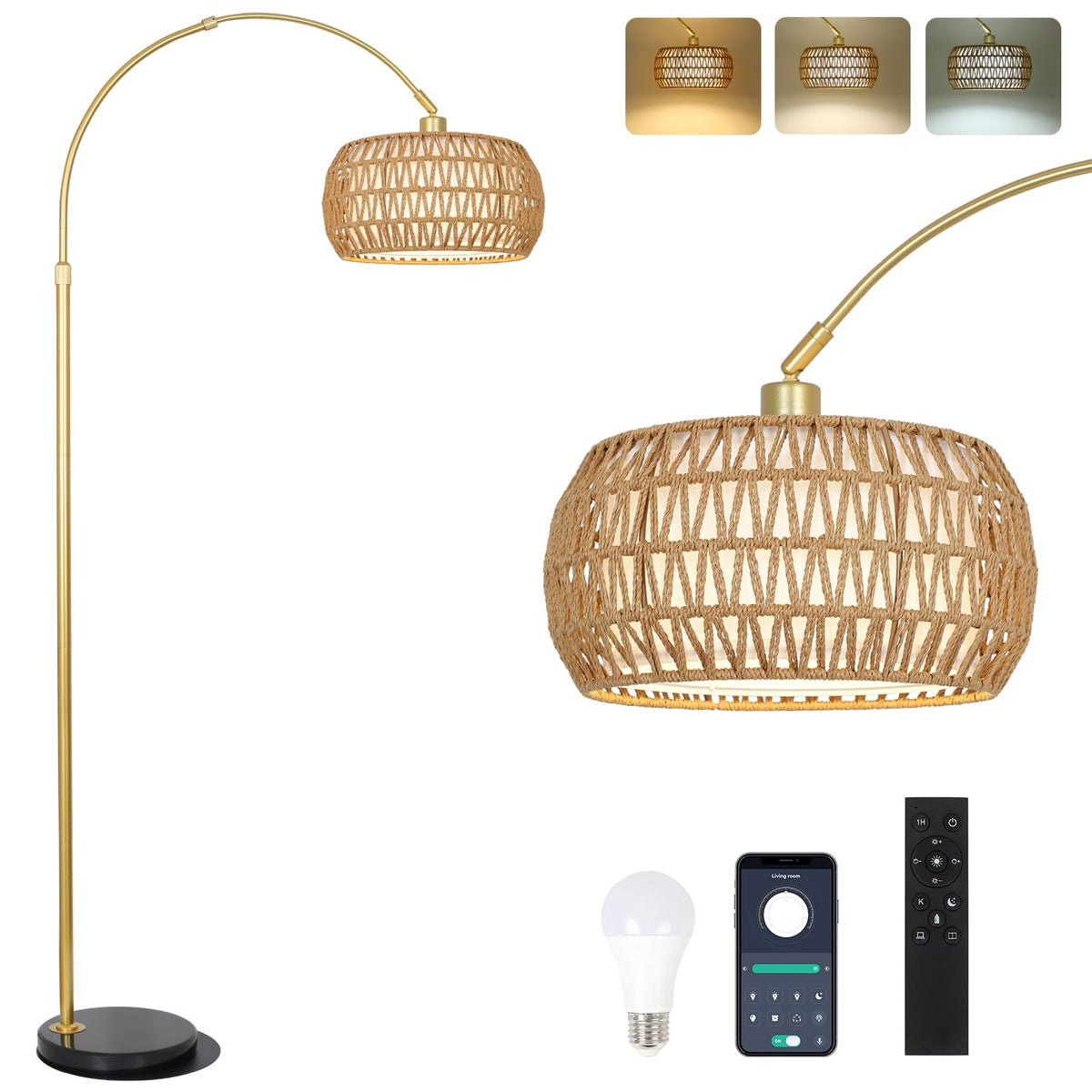 Eyassi Gold Arc Floor Lamp remote control demonstrates convenient lighting for living room evenings