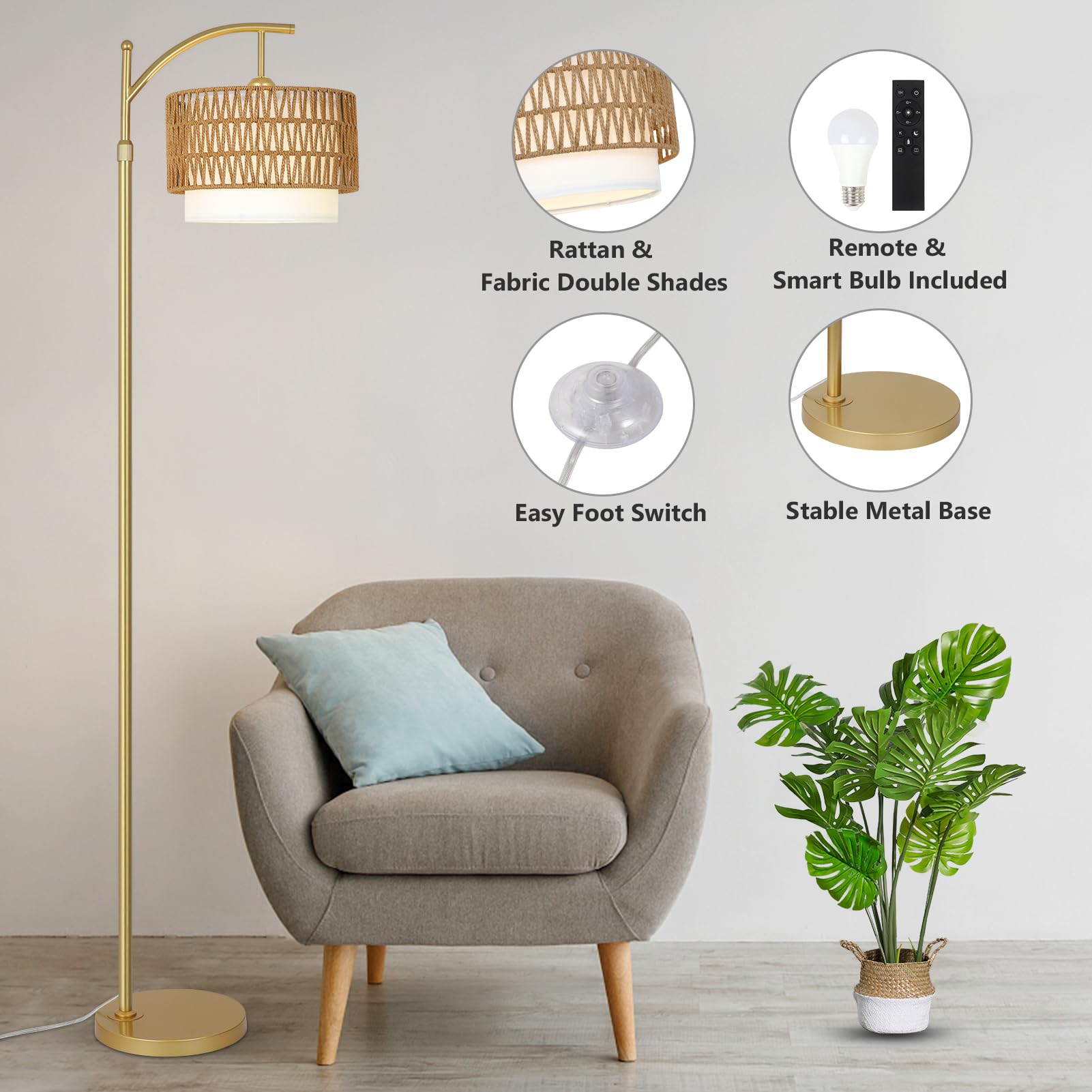 Eyassi gold floor lamp with rattan shade for bohemian vibe