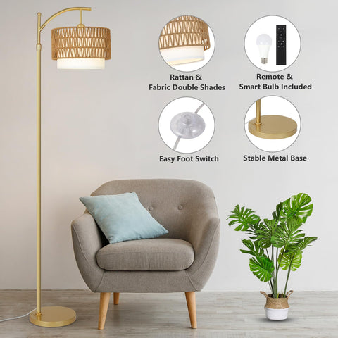 Eyassi gold floor lamp with rattan shade for bohemian vibe